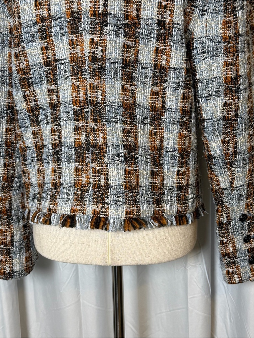 L’Agence Angelina Tweed Jacket Blue Brown Fringe Blazer Size 8 - Picture 9 of 15